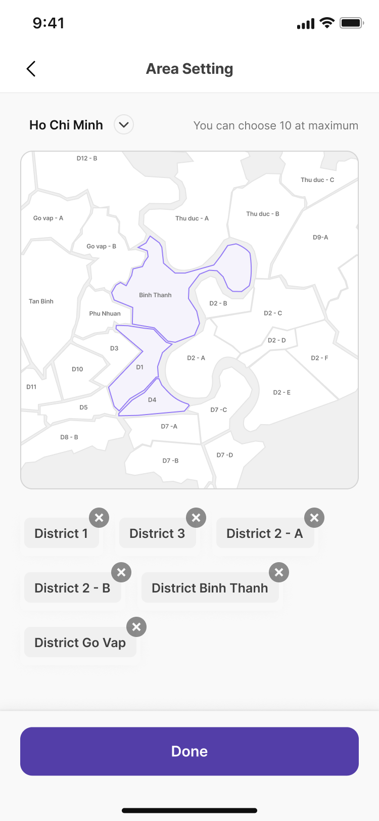 Area setting screen with a district map of Ho Chi Minh City, four districts highlighted, removable district chips and a Done button.