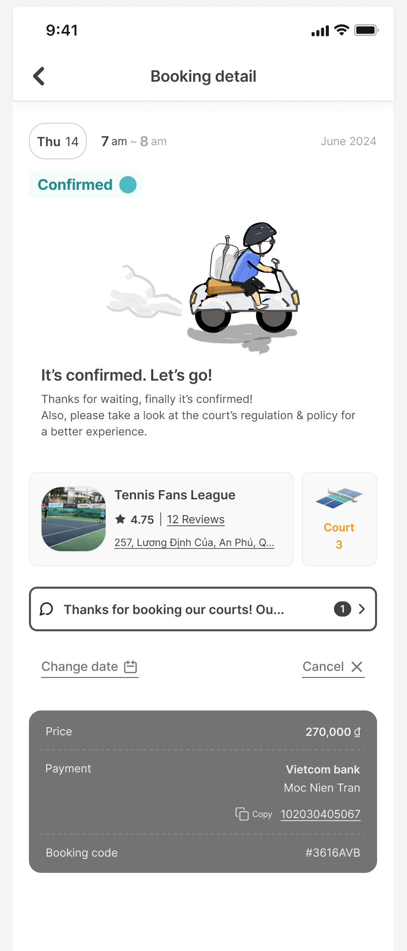 Booking detail in the Confirmed state: a scooter illustration and 'It's confirmed. Let's go!'