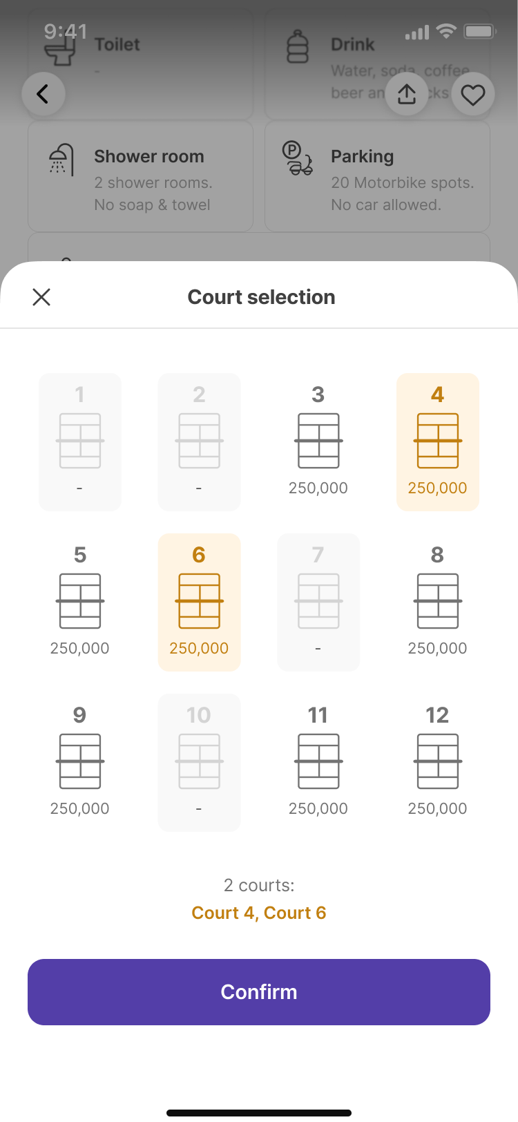 Earlier bottom-sheet court picker: 12 courts four to a row with full prices, showing not-posted, enabled and selected states, and the summary '2 courts: Court 4, Court 6'.