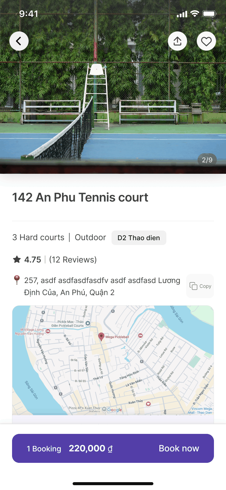 Court detail before: venue photo, name, rating, map and a 'Book now' bar, with nothing pointing to the booking times below.
