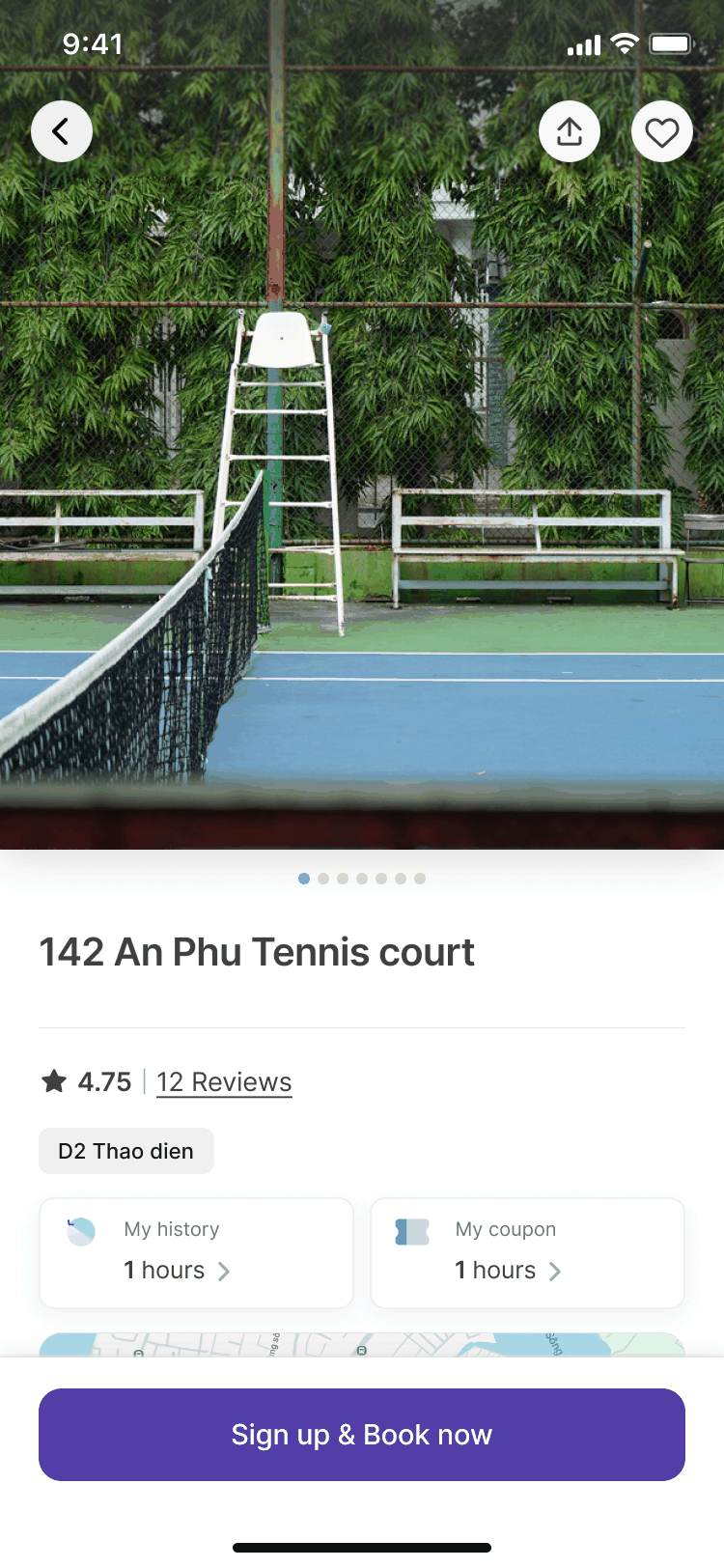 Court detail for a guest: venue photo, name, rating, and one primary button 'Sign up & Book now'.