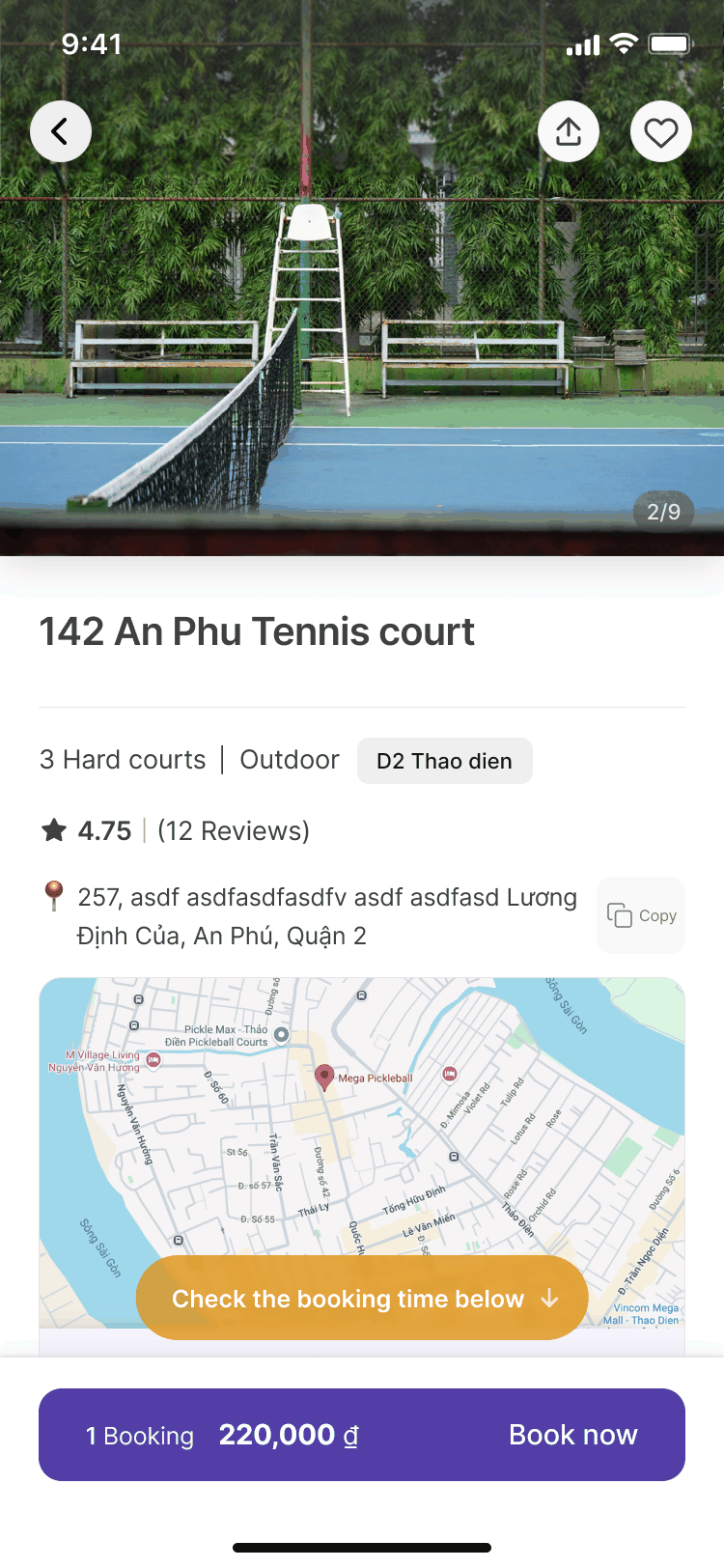 Court detail after: the same screen with an orange pill 'Check the booking time below' above the booking bar.
