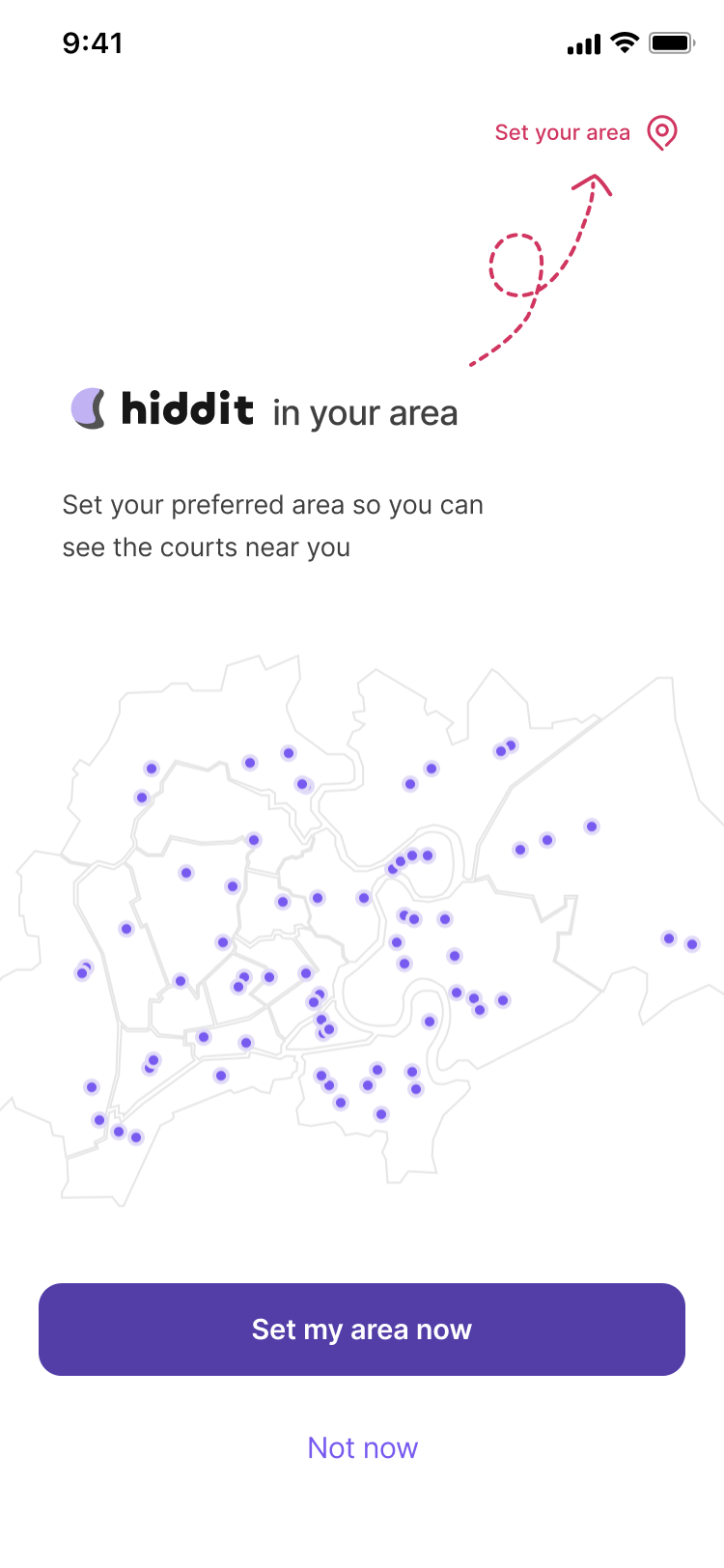 First-run screen: 'hiddit in your area' with a map of Ho Chi Minh City dotted with venues, and buttons 'Set my area now' and 'Not now'.
