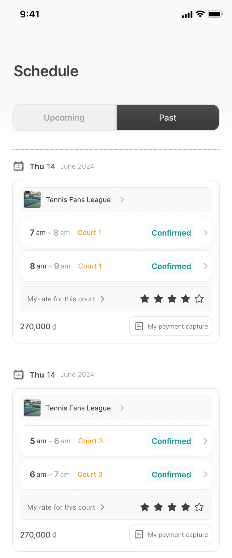 Schedule tab, past bookings: consecutive hours from one checkout grouped into one card with each slot, a total and a link to the payment screenshot.