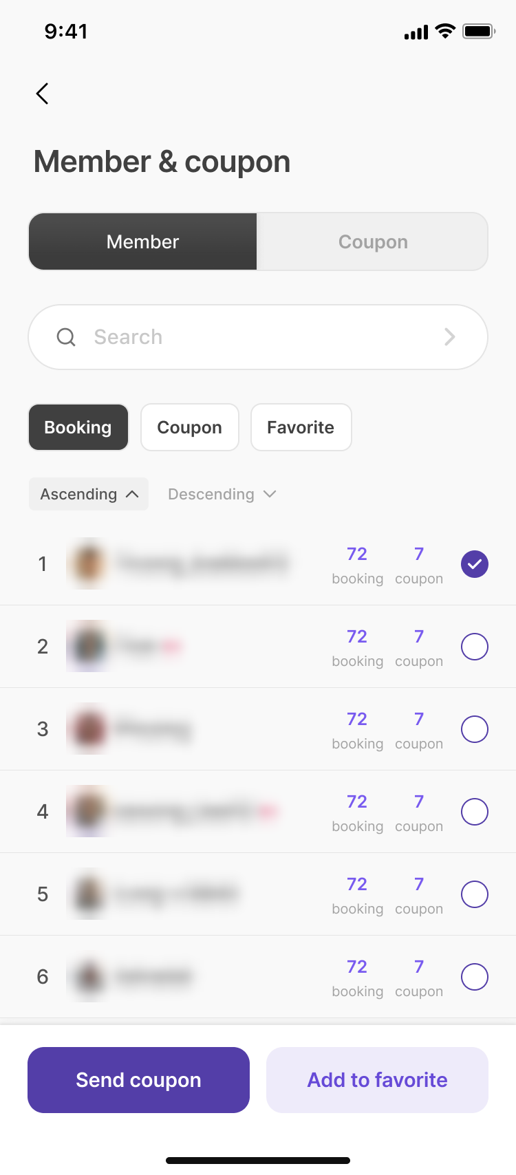 Venue 'Member & coupon' screen: a ranked member list with booking and coupon counts, sort chips, and Send coupon and Add to favorite buttons. Member names and photos are blurred.