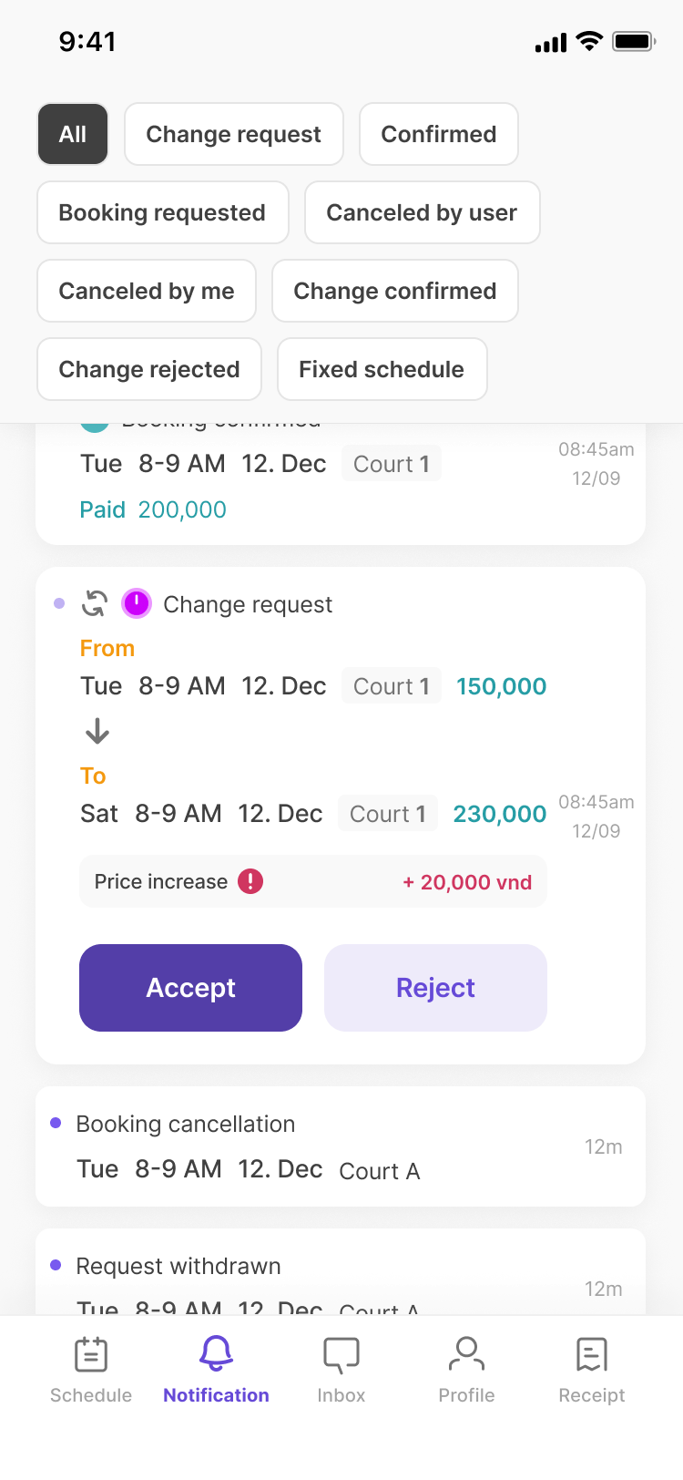 Venue notification inbox with filter chips and cards for a change request, a confirmed booking and cancellations.
