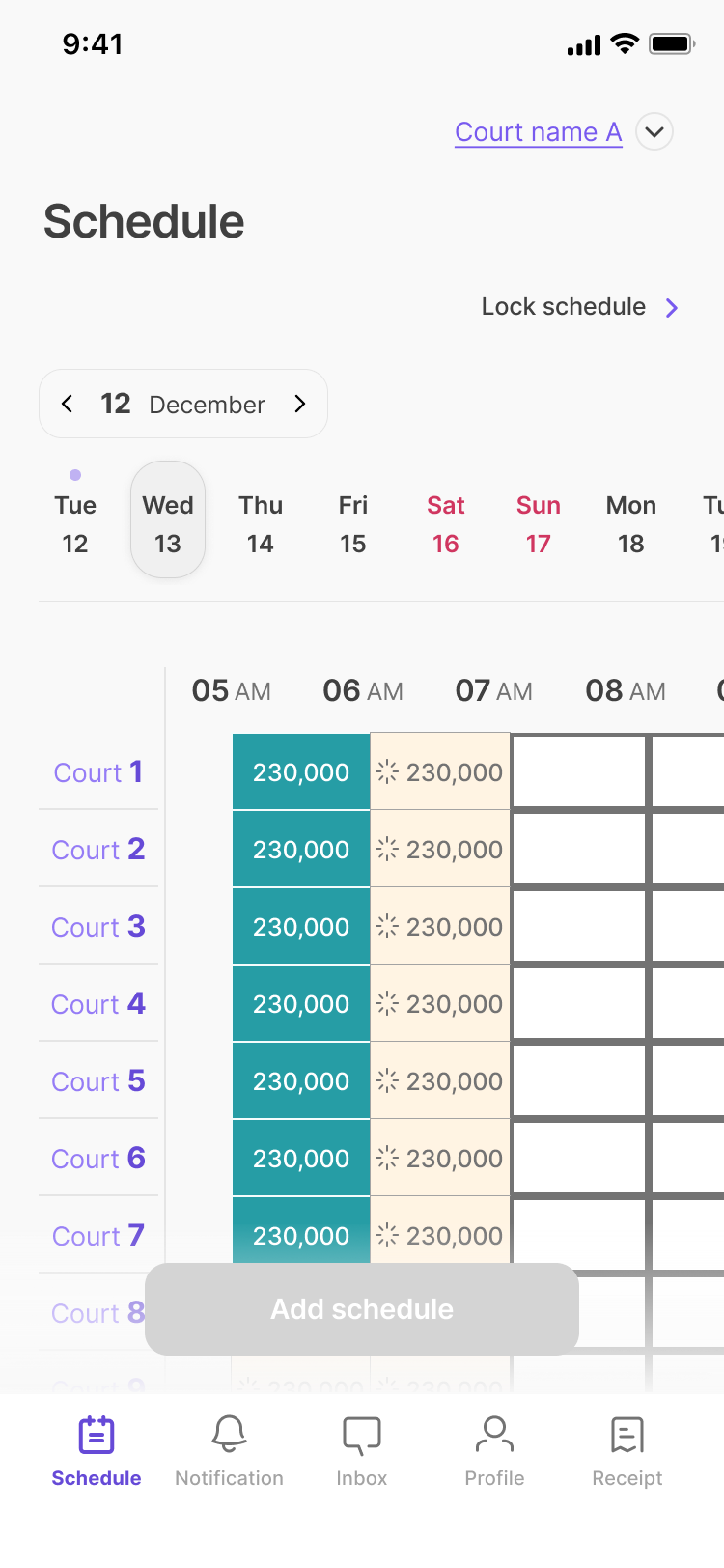 Venue app schedule: a grid of Courts 1 to 8 by hours 5 to 8 am. Teal cells are filled slots at 230,000 ₫, light-orange cells are awaiting the venue's action, and the later hours are empty.