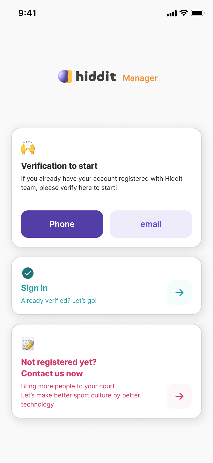 New venue app welcome screen with three cards: 'Verification to start', 'Sign in', and 'Not registered yet? Contact us now'.